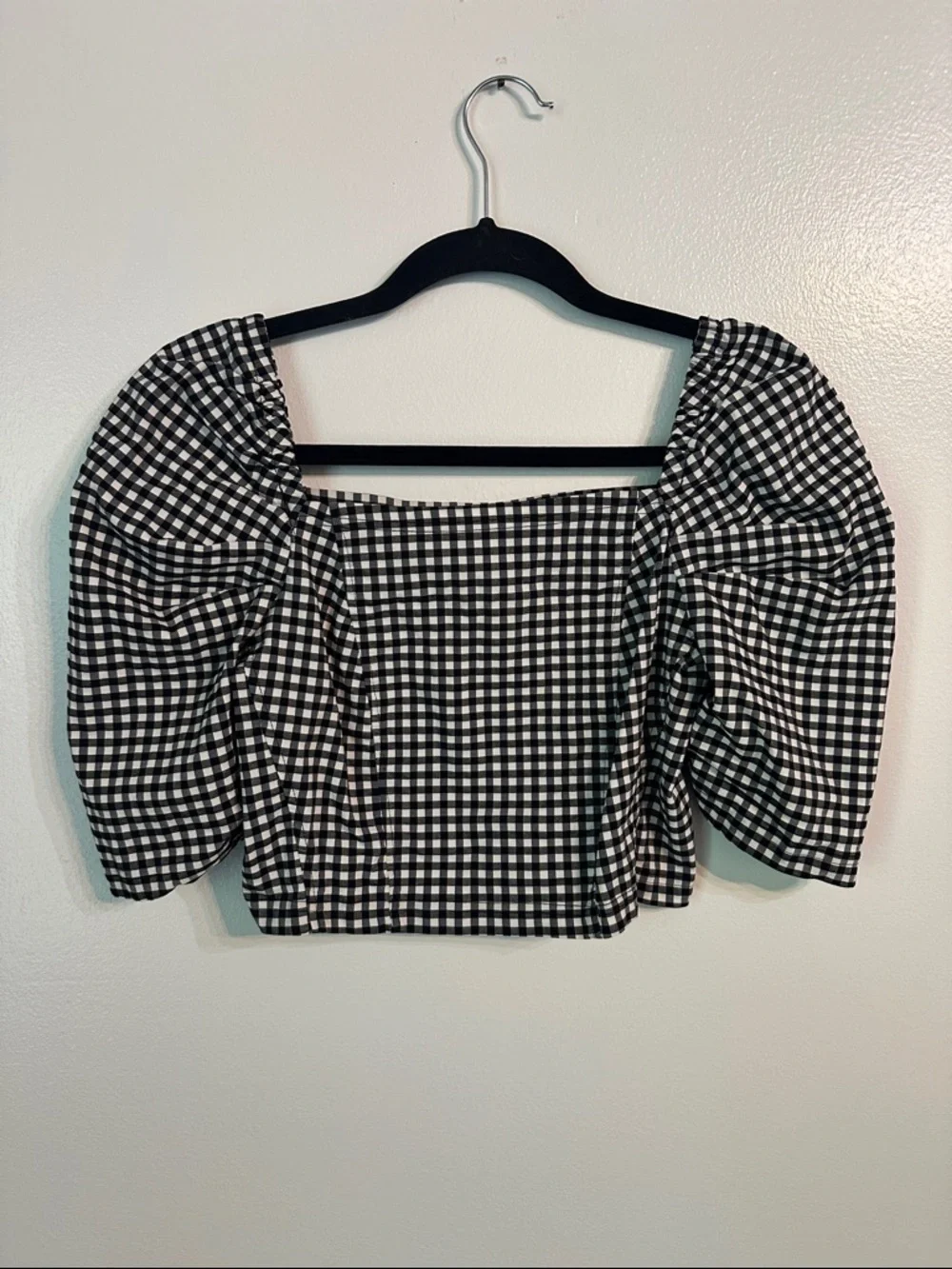 Topshop Black and White Gingham Puff-Sleeve Crop Top US 6
